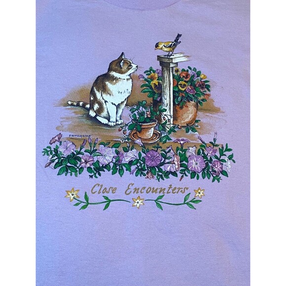 90s Ducks Unlimited Cat Bird Garden Tee M Ferragamo Graphic Lavender Cotton - Picture 1 of 10